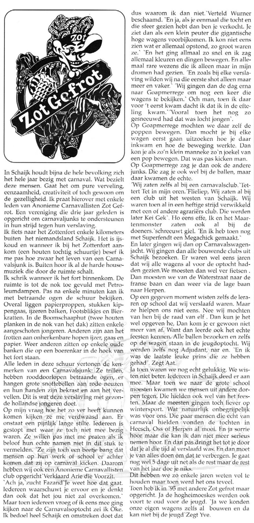 Stukje uit de carnavalskrant van Zot Gefrot - 1998